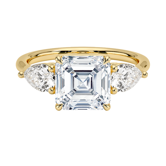 1 TO 5 Ct Luxe Opera Asscher Cut Lab Grown Diamond Three Stone Ring with Pear Side Diamonds in 10K / 14K / 18K Gold | Pooja Diamond | IGI Certified Lab Diamond