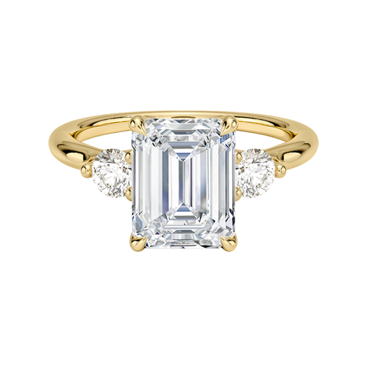 1 TO 5 CT Freesia Emerald Cut Lab Grown Diamond Three Stone Engagement Ring with Round Side Diamonds in 10K / 14K / 18K Gold | Pooja Diamond | IGI Certified Lab Diamond