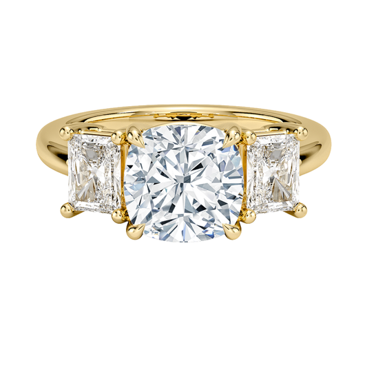 1 TO 5 CT Luxe Helena Cushion Cut Lab Grown Diamond Three Stone Ring with Radiant Side Diamonds in 10K / 14K / 18K Gold | Pooja Diamond | IGI Certified Lab Diamond