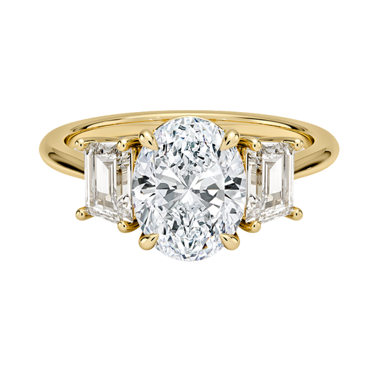 1 To 5 Ct Luxe Embrace Oval Cut Lab Grown Diamond Three Stone Ring with Trapezoid Side Diamonds in 10K / 14K / 18K Gold | Pooja Diamond | IGI Certified Lab Diamond