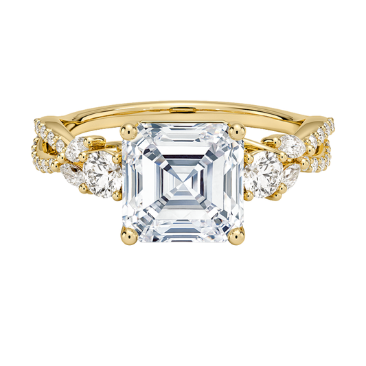 1 To 5 Ct Luxe Willow Three Stone Lab Grown Asscher Diamond Ring with Round&Marquise Accents in 10K/14K/18K Gold | Pooja Diamond | IGI Certified Lab Diamond