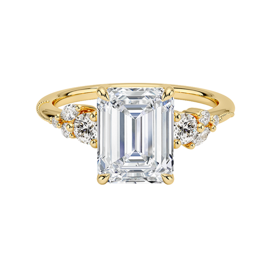 1 To 5 CT Camellia Three Stone Emerald Cut Lab Grown Diamond Ring in 10K/14K/18K Gold | Pooja Diamond | IGI Certified Lab Diamond