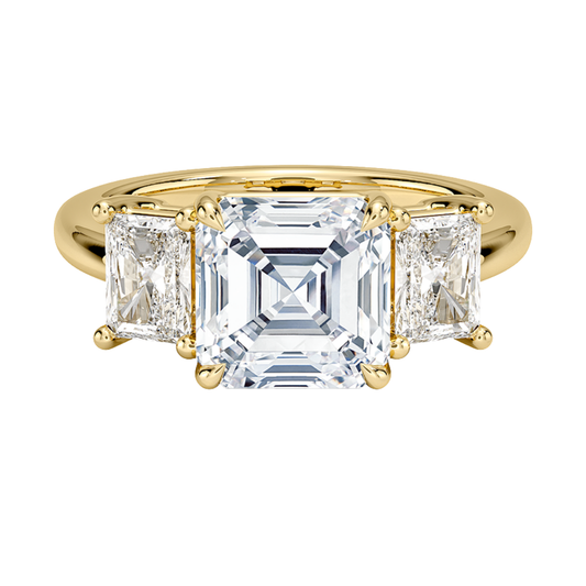 1 TO 5 CT Luxe Helena Asscher Cut Lab Grown Diamond Three Stone Ring with Radiant Side Diamonds in 10K / 14K / 18K Gold | Pooja Diamond | IGI Certified Lab Diamond