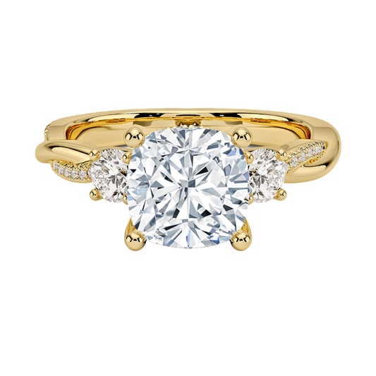 1 To 5 Ct Adorned Petite Twisted Vine Cushion Cut Three Stone Lab Grown Diamond Ring in 10K/14K/18K Gold | Pooja Diamond | IGI Certified Lab Diamond
