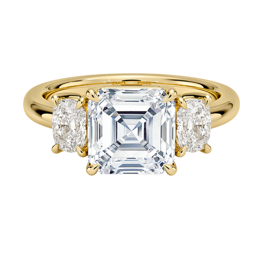 1 To 5 Ct Faye Asscher Cut Lab Grown Diamond Three Stone Engagement Ring with Cushion Side Stones in 10K / 14K / 18K Gold | Pooja Diamond | IGI Certified Lab Diamond
