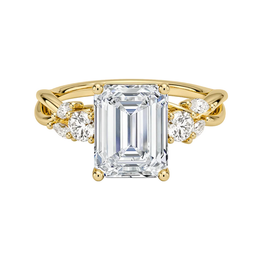 1 To 5 Ct Nature-Inspired Willow Emerald Cut Lab Diamond Three Stone Engagement Ring in 10K/14K/18K Gold| Pooja Diamond | IGI Certified Lab Diamond