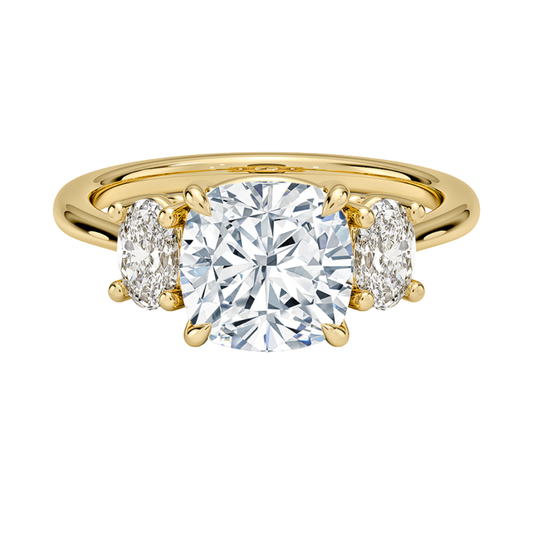1 To 5 Ct Cushion Cut Lab Grown Diamond Three Stone Engagement Ring with Oval Side Stones in 10K/14K/18K Gold | Pooja Diamond | IGI Certified Lab Diamond
