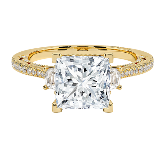 1 TO 5 Ct Lunetta Crescent Pavé Three Stone Princess Cut Lab Grown Diamond Ring in 10K/14K/18K Gold | Pooja Diamond | IGI Certified Lab Diamond