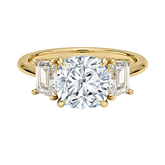 1 To 5 Ct Luxe Embrace Cushion Cut Lab Grown Diamond Three Stone Ring with Trapezoid Side Diamonds in 10K / 14K / 18K Gold | Pooja Diamond | IGI Certified Lab Diamond
