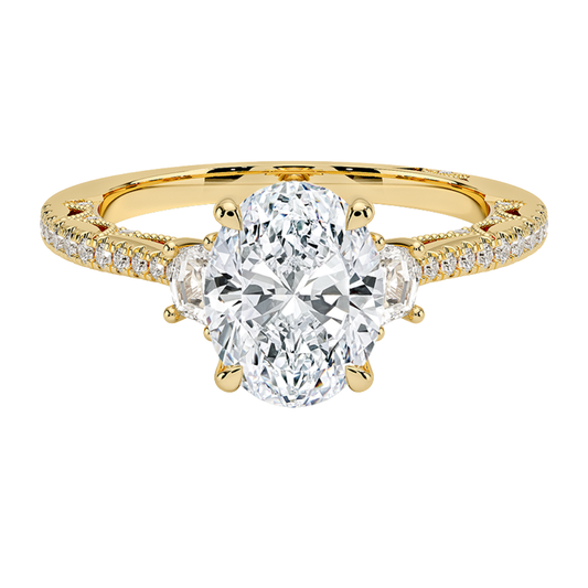 1 TO 5 Ct Lunetta Crescent Pavé Three Stone Oval Cut Lab Grown Diamond Ring in 10K/14K/18K Gold | Pooja Diamond | IGI Certified Lab Diamond
