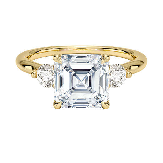 1 TO 5 CT Freesia Asscher Cut Lab Grown Diamond Three Stone Engagement Ring with Round Side Diamonds in 10K / 14K / 18K Gold | Pooja Diamond | IGI Certified Lab Diamond