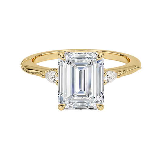 1 To 5 CT Camellia Emerald Cut Three Stone Pear Lab Grown Diamond Ring in 10K/14K/18K Gold | Pooja Diamond | IGI Certified Lab Diamond