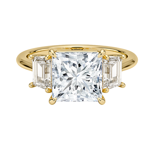 1 To 5 Ct Luxe Embrace Princess Cut Lab Grown Diamond Three Stone Ring with Trapezoid Side Diamonds in 10K / 14K / 18K Gold | Pooja Diamond | IGI Certified Lab Diamond
