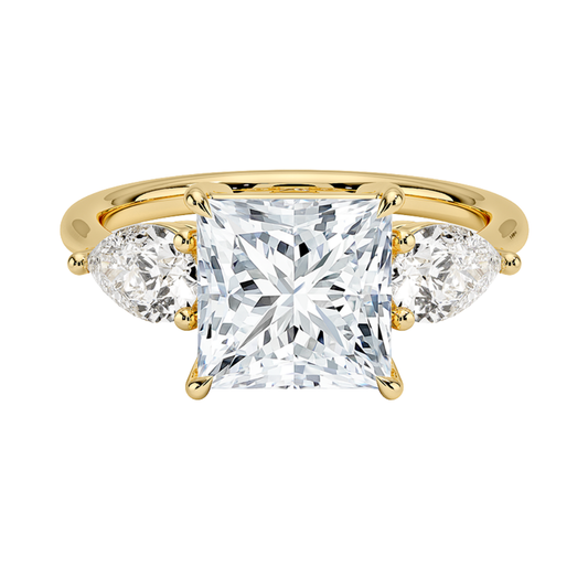 1 TO 5 Ct Luxe Opera Princess Cut Lab Grown Diamond Three Stone Ring with Pear Side Diamonds in 10K / 14K / 18K Gold | Pooja Diamond | IGI Certified Lab Diamond