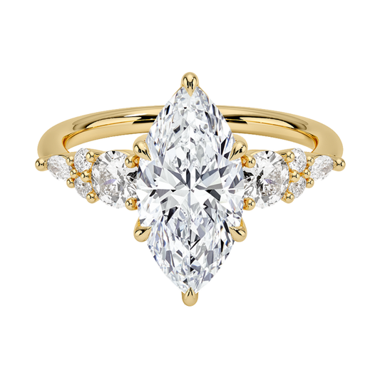 1 TO 5 Ct Nadia Marquise Cut Lab Grown Diamond Three Stone Ring with Round&Marquise Accents in 10K/14K/18K Gold | Pooja Diamond | IGI Certified Lab Diamond