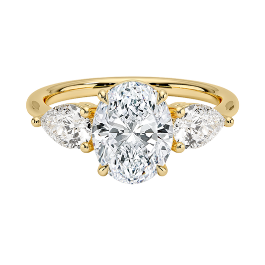 1 TO 5 Ct Luxe Opera Oval Cut Lab Grown Diamond Three Stone Ring with Pear Side Diamonds in 10K / 14K / 18K Gold | Pooja Diamond | IGI Certified Lab Diamond