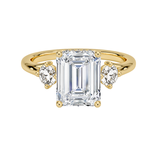 1 To 5 Ct Luxe Floating Emerald Cut Lab Grown Diamond Three Stone Ring with Hidden Halo in 10K / 14K / 18K Gold | Pooja Diamond | IGI Certified Lab Diamond