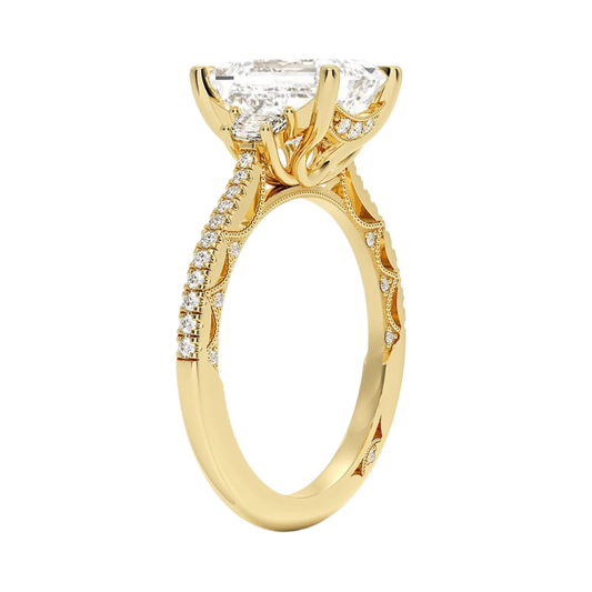 1 TO 5 Ct Lunetta Crescent Pavé Three Stone Emerald Cut Lab Grown Diamond Ring in 10K/14K/18K Gold | Pooja Diamond | IGI Certified Lab Diamond