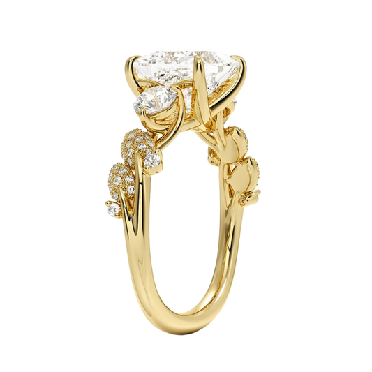 1 To 5 CT Canopy Three Stone Lab-Grown Diamond Ring in 10K/14K/18K Gold – Princess Cut Center with Nature-Inspired Round Diamond Accents | Pooja Diamond | IGI Certified Lab Diamond