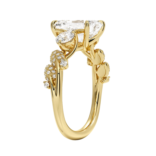 1 To 5 CT Canopy Three Stone Lab-Grown Diamond Ring in 10K/14K/18K Gold – Emerald Cut Center with Nature-Inspired Round Diamond Accents | Pooja Diamond | IGI Certified Lab Diamond