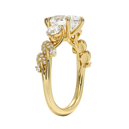 1 To 5 CT Canopy Three Stone Lab-Grown Diamond Ring in 10K/14K/18K Gold – Pear Cut Center with Nature-Inspired Round Diamond Accents | Pooja Diamond | IGI Certified Lab Diamond