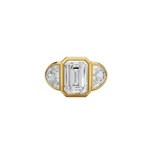 Emerald Cut Three-Stone Diamond Ring with Half-Moon Side Diamonds | Bezel Set Gold Ring