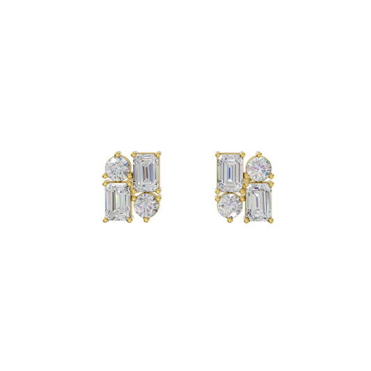 Lab Grown Diamond Geometric Stud Earrings | Emerald & Round Cut | Modern Cluster Diamond Earrings in 18K / 14K / 10K Gold