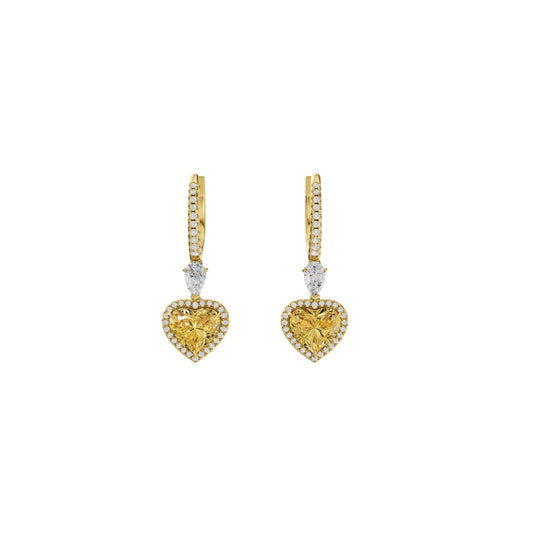 Lab Grown Yellow Diamond Heart Drop Hoop Earrings | Halo Dangle Earrings in 18K / 14K / 10K Gold | IGI Certified