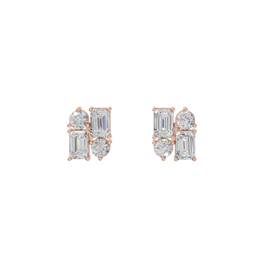 Lab Grown Diamond Geometric Stud Earrings | Emerald & Round Cut | Modern Cluster Diamond Earrings in 18K / 14K / 10K Gold