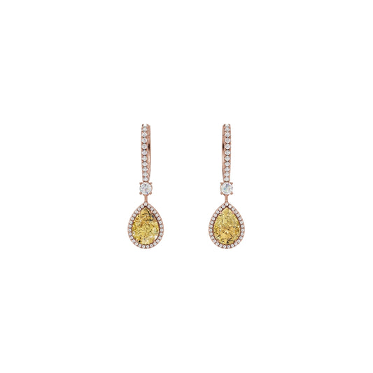 Lab Grown Yellow Diamond Pear drop Hoop Earrings | Color Diamond | 10K/14K/18K Gold Halo Dangle Earrings