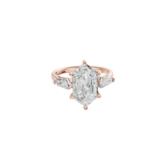 Hexagon Cut Lab Grown Diamond Engagement Ring with Side Stones | Modern Art Deco Gold Ring
