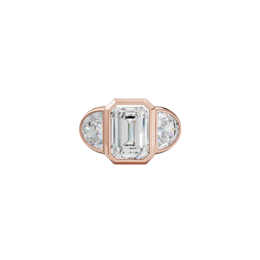 Emerald Cut Three-Stone Diamond Ring with Half-Moon Side Diamonds | Bezel Set Gold Ring