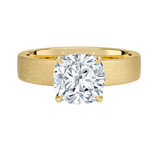 1 TO 5 CT Lab Grown Cushion Cut Diamond Peyton 4mm Satin Finish Solitaire Ring in 10K/14K/18K Gold with Brushed Wide Band | IGI Certified Lab Diamond