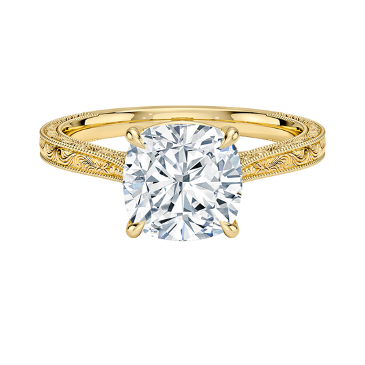 1 TO 5 CT Vintage Cushion Cut Lab Grown Diamond Elsie Engraved Solitaire Ring in 10K/14K/18K Gold | Ethical Luxury – Pooja Diamond | IGI Certified Lab Diamond