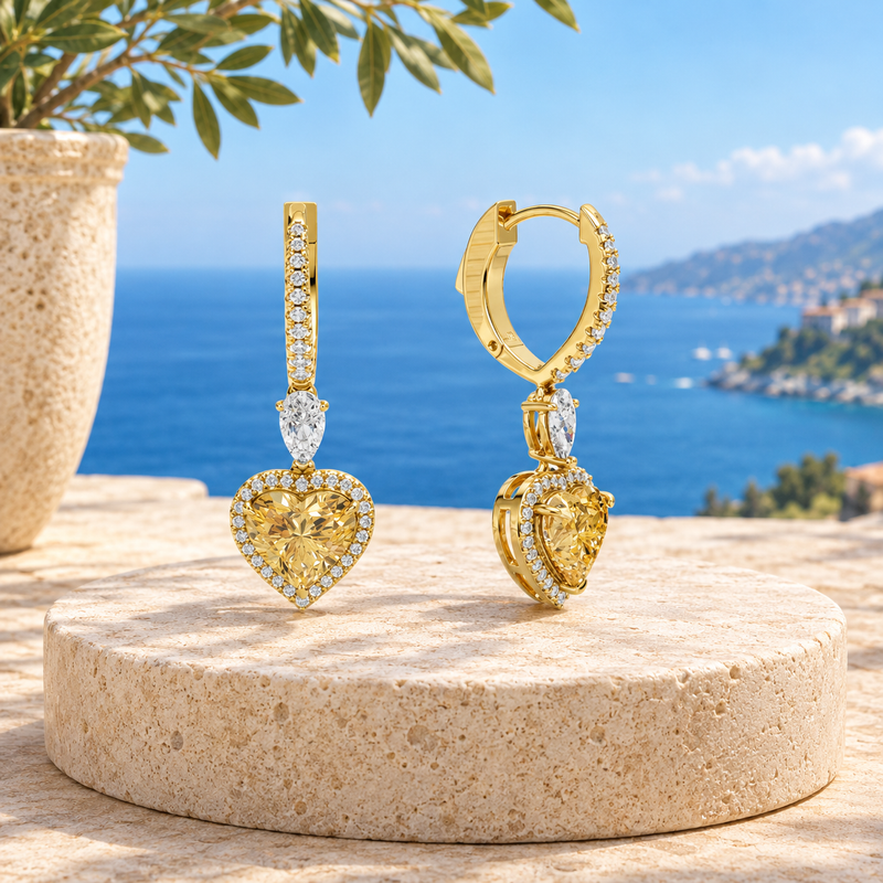 Lab Grown Yellow Diamond Heart Drop Hoop Earrings | Halo Dangle Earrings in 18K / 14K / 10K Gold | IGI Certified