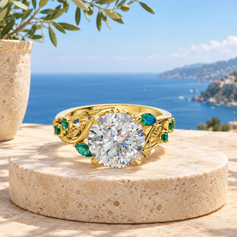 1 To 5 CT Round Cut Lab Grown Diamond Solitaire Ring with Marquise Accents in Gold | Nature Inspired Engagement Ring – Pooja Diamond