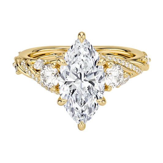 1 To 5 CT Begonia Vine Three Stone Lab-Grown Diamond Ring in 10K/14K/18K Gold – Marquise Cut Center with Marquise & Round Side Diamonds | Pooja Diamond | IGI Certified Lab Diamond