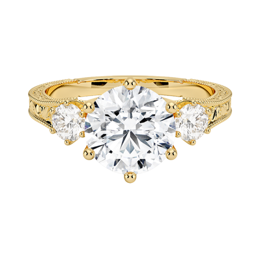 1 To 5 Ct Hudson Round Cut Three Stone Lab Grown Diamond Ring with Engraved Band in 10K / 14K / 18K Gold | Pooja Diamond | IGI Certified Lab Diamond