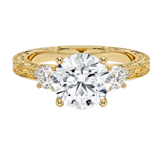 1 TO 5 CT Antique Scroll Engraved Round Cut Three Stone Lab Grown Diamond Ring in 10K/14K/18K Gold | Pooja Diamond | IGI Certified Lab Diamond