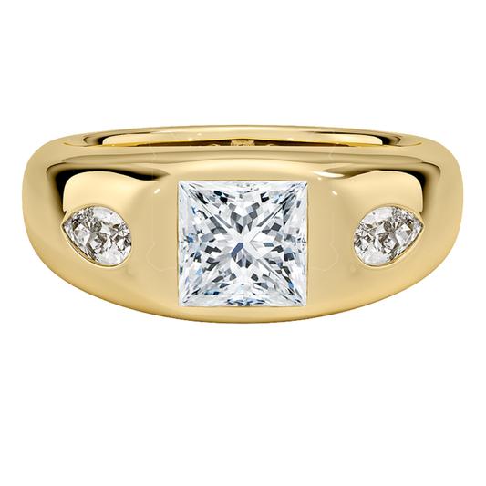 1 TO 5 CT Sloane Flush Set Three Stone Lab Grown Diamond Dome Ring with Princess & Pear Side Stones in 10K/14K/18K Gold | Pooja Diamond | IGI Certified Lab Diamond