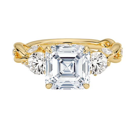 1 To 5 Ct Secret Garden Asscher Cut Lab Grown Diamond Three Stone Ring with Round &  Marquise Leaf  Accents in 10K/14K/18K Gold | Pooja Diamond | IGI Certified Lab Diamond