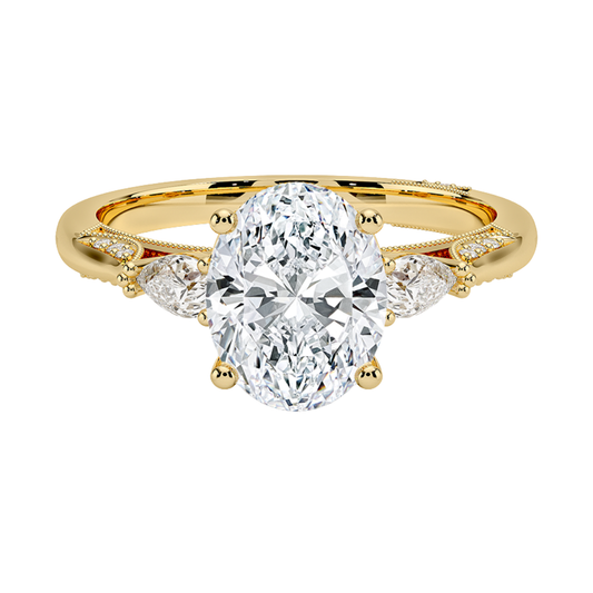 1 To 5 Ct Vintage Inspired Oval Cut Lab Grown Diamond Three Stone Ring with Pavé Gallery in 10K/14K/18K Gold | Pooja Diamond | IGI Certified Lab Diamond