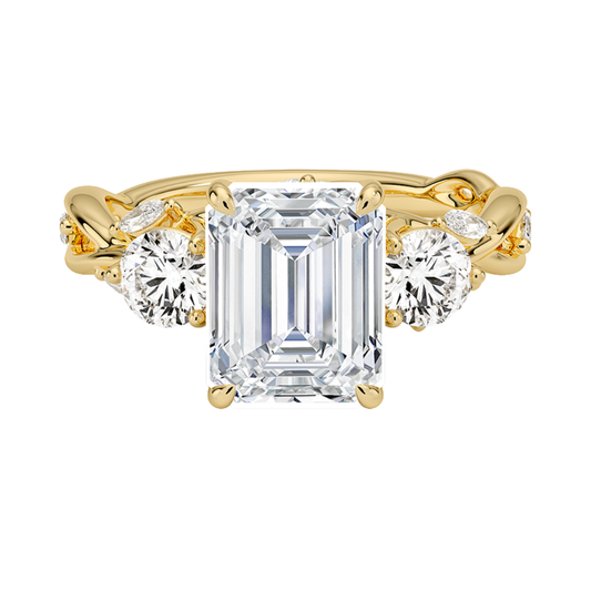 1 To 5 Ct Secret Garden Emerald Cut Lab Grown Diamond Three Stone Ring with Round &  Marquise Leaf  Accents in 10K/14K/18K Gold | Pooja Diamond | IGI Certified Lab Diamond