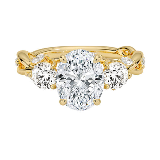 1 To 5 Ct Secret Garden Oval Cut Lab Grown Diamond Three Stone Ring with Round &  Marquise Leaf  Accents in 10K/14K/18K Gold | Pooja Diamond | IGI Certified Lab Diamond