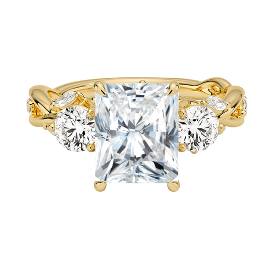 1 To 5 Ct Secret Garden Radiant Cut Lab Grown Diamond Three Stone Ring with Round &  Marquise Leaf  Accents in 10K/14K/18K Gold | Pooja Diamond | IGI Certified Lab Diamond