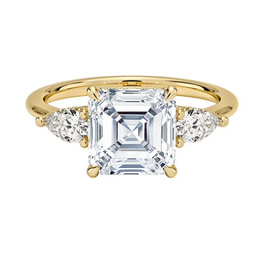 1 TO 5 Ct Adorned Opera Three Stone Asscher Lab Grown Diamond Ring with Side Accent Diamonds – 10K/14K/18K Gold | Pooja Diamond | IGI Certified Lab Diamond