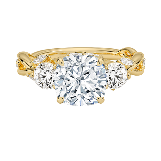 1 To 5 Ct Secret Garden Cushion Cut Lab Grown Diamond Three Stone Ring with Round &  Marquise Leaf  Accents in 10K/14K/18K Gold | Pooja Diamond | IGI Certified Lab Diamond