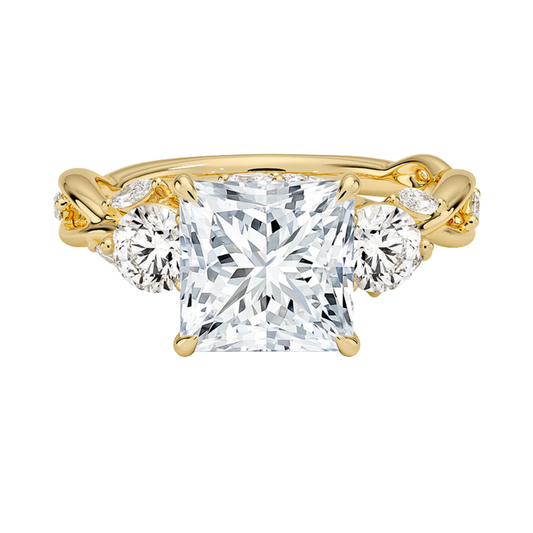 1 To 5 Ct Secret Garden Princess Cut Lab Grown Diamond Three Stone Ring with Round &  Marquise Leaf  Accents in 10K/14K/18K Gold | Pooja Diamond | IGI Certified Lab Diamond