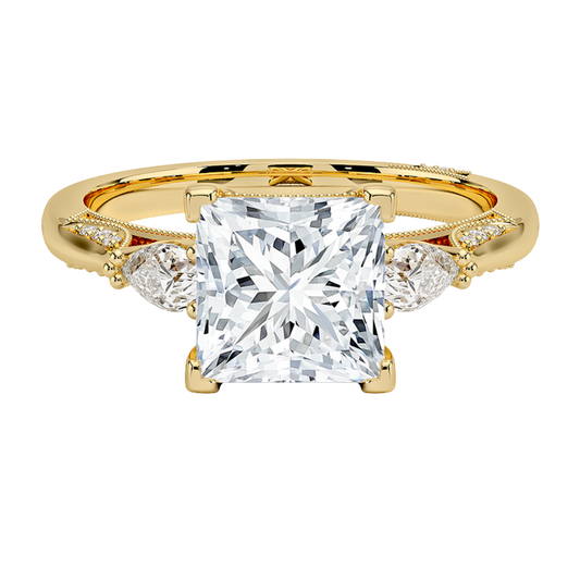 1 To 5 Ct Vintage Inspired Princess Cut Lab Grown Diamond Three Stone Ring with Pavé Gallery in 10K/14K/18K Gold | Pooja Diamond | IGI Certified Lab Diamond