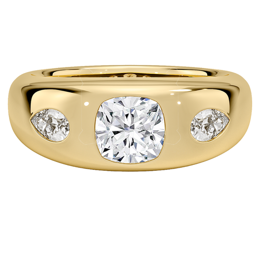 1 TO 5 CT Sloane Flush Set Three Stone Lab Grown Diamond Dome Ring with Cushion & Pear Side Stones in 10K/14K/18K Gold | Pooja Diamond | IGI Certified Lab Diamond